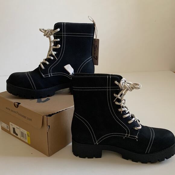 Seven7 Combat Boots Jodi Black Faux Leather Lace Up Contrast Stitching Size 10 - Picture 3 of 12